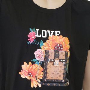 AZ Iridescent Rhinestone Bling Love Heat Transfer T-Shirt SZ S/M Black